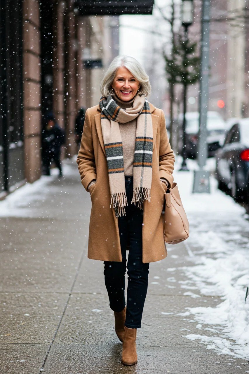 Winter outfit for women over 60: camel coat, plaid scarf, dark jeans, brown boots, snowy street