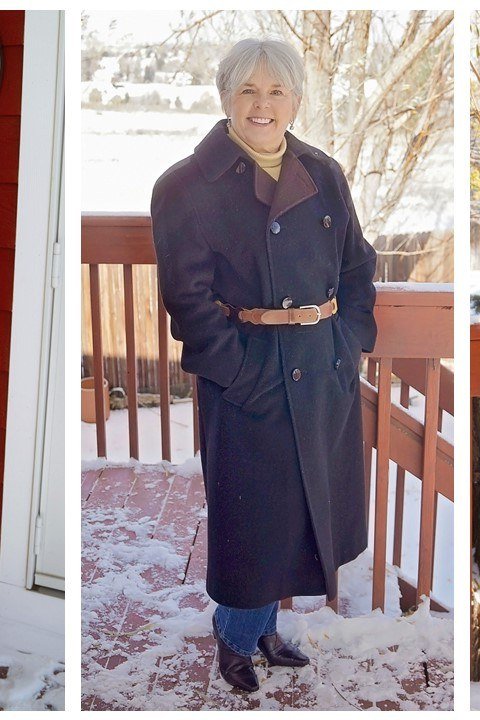 Winter outfit for women over 60: dark navy belted coat, blue jeans, snowy wooden deck
