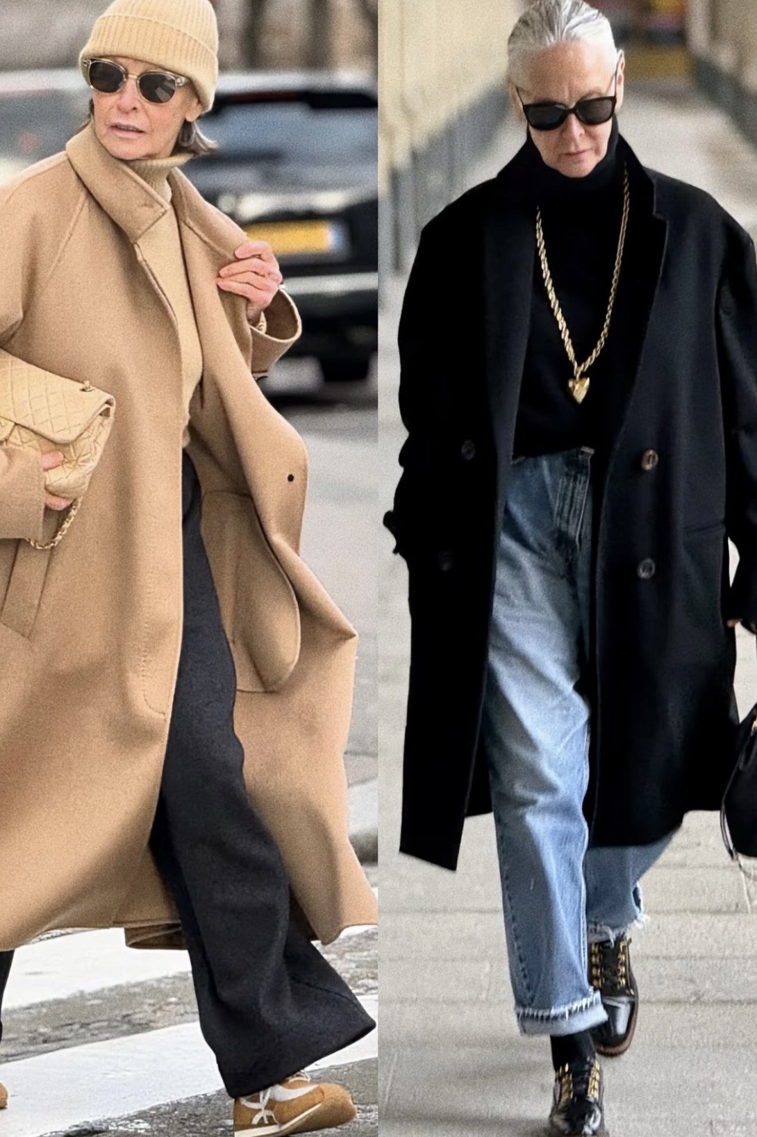 Winter outfit for women over 60: 3-look collage: camel coat, black coat jeans, black puffer