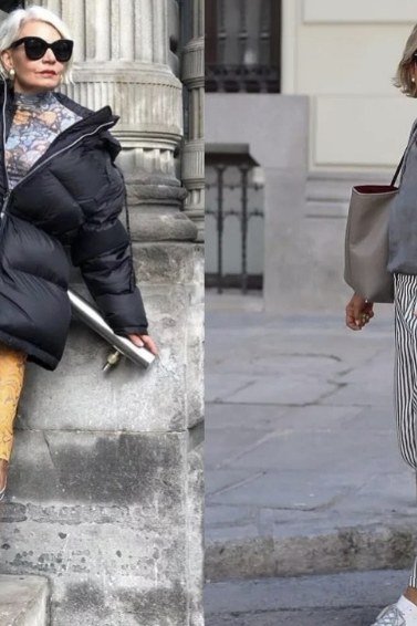 Winter outfit for women over 60: brown trench coat, white top, white wide pants