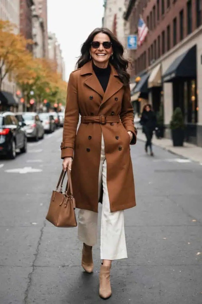 Winter outfit for women over 60: brown belted trench coat, black turtleneck, white wide pants, city