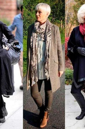 Winter outfit for women over 60: 3-look collage: gray coat, black coat, beige coat street style