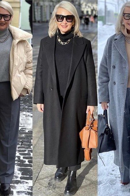 Winter outfit for women over 60: 3-look collage: white puffer, black coat, gray coat
