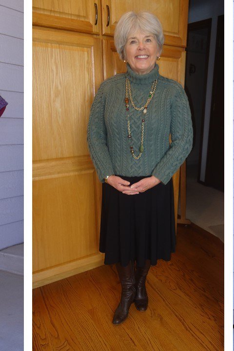 Winter outfit for women over 60: green cable-knit turtleneck sweater, black pleated skirt, brown boots