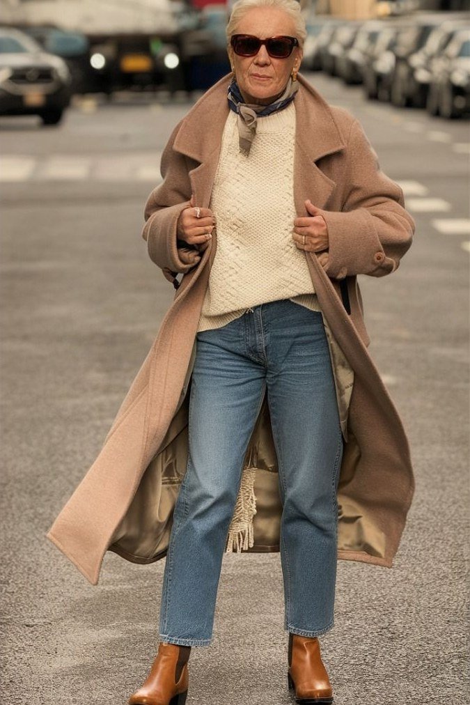 Winter outfit for women over 60: camel coat, cream sweater, blue jeans, tan ankle boots