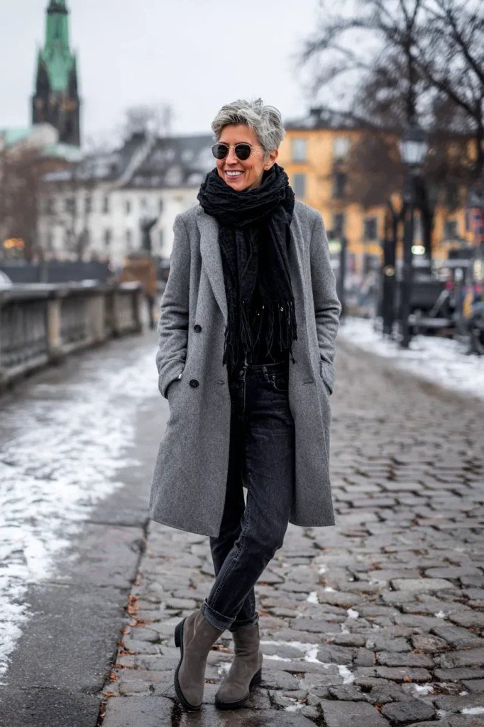 Winter outfit for women over 60: gray coat, black scarf, gray boots, snowy cobblestone