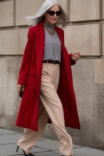 Winter outfit for women over 60: red coat, gray top, beige trousers, nude heels