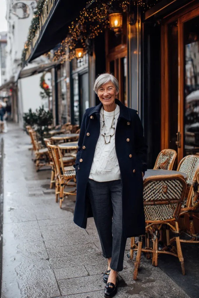 Winter outfit for women over 60: navy coat, white sweater, dark jeans, loafers, cafe