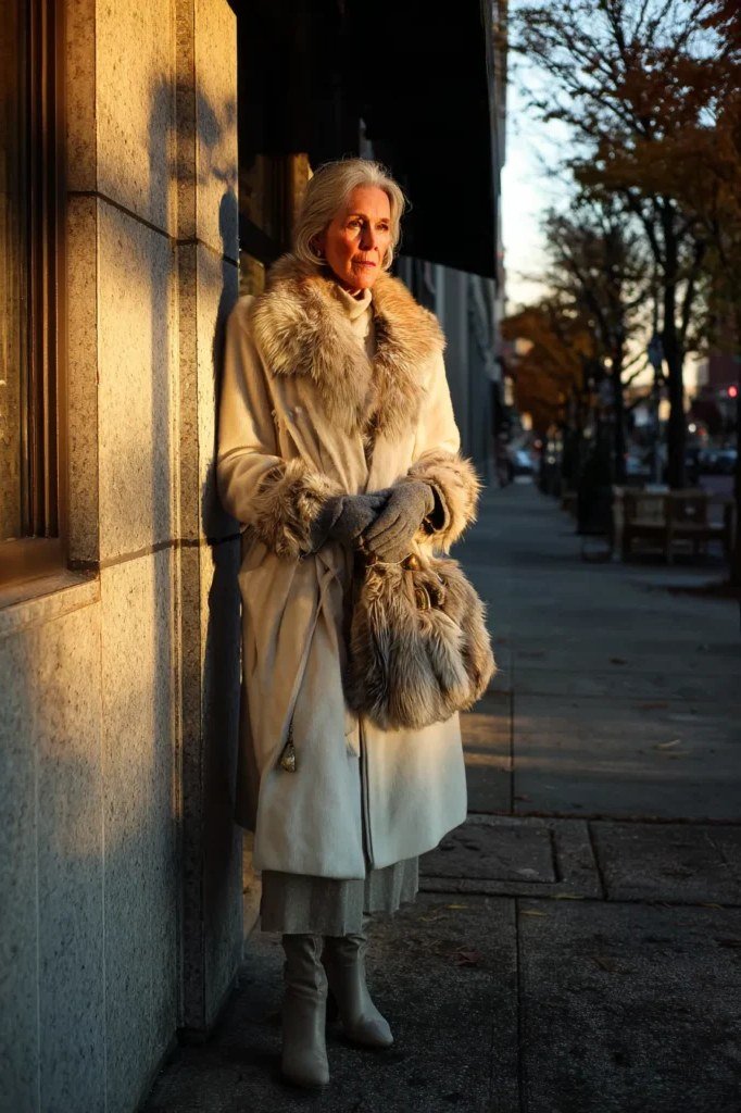 Winter outfit for women over 60: cream shearling coat, beige turtleneck, beige hat, golden light