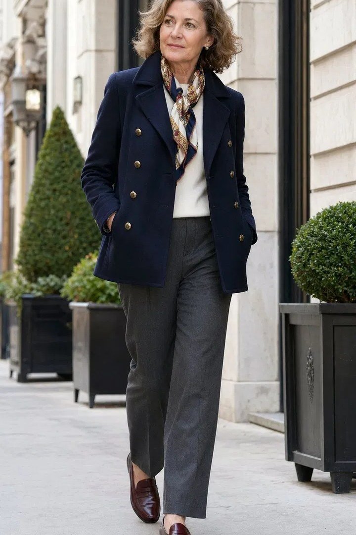 Navy Double-Breasted Wool Coat with Grey Trousers - winter coat outfit for women over 60