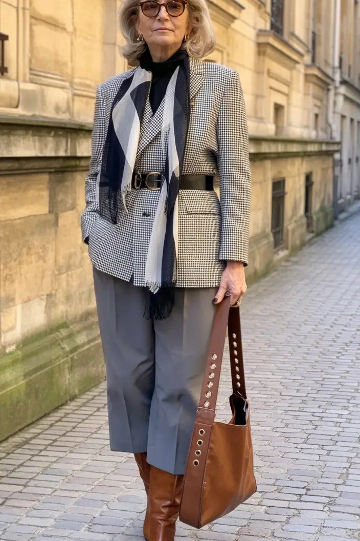 Houndstooth Blazer with Grey Trousers and Tan Boots - winter coat outfit for women over 60