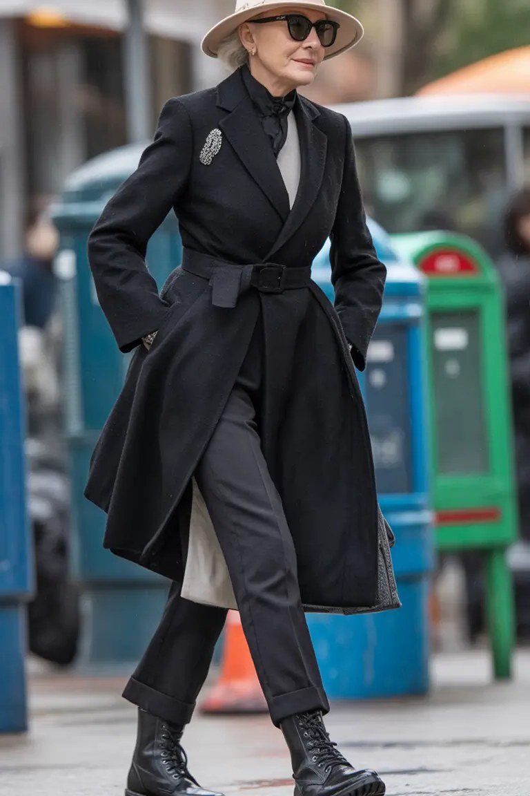 Long Black Coat with a Wide-Brim Hat - winter coat outfit for women over 60