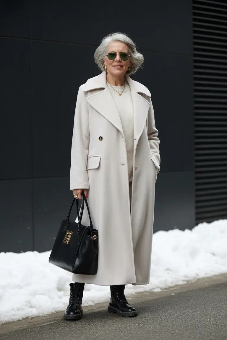 Long Cream Coat with a Black Handbag - winter coat outfit for women over 60