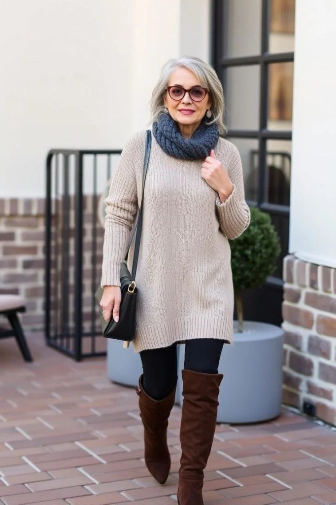 Camel Coat over a Cable-Knit Sweater Dress - winter coat outfit for women over 60