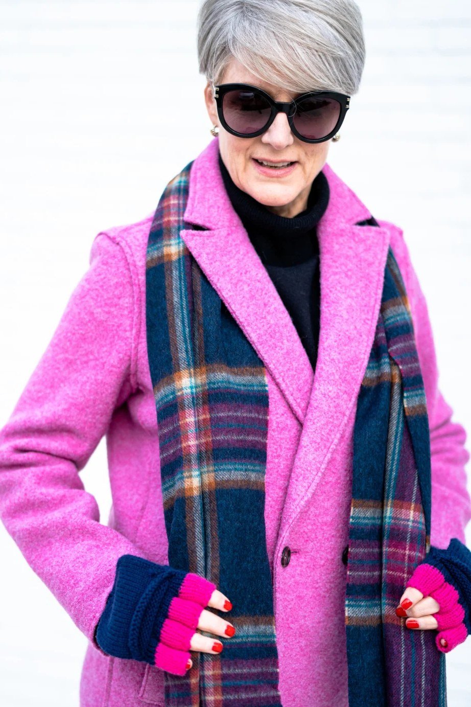 Hot Pink Wool Coat with a Plaid Scarf - winter coat outfit for women over 60