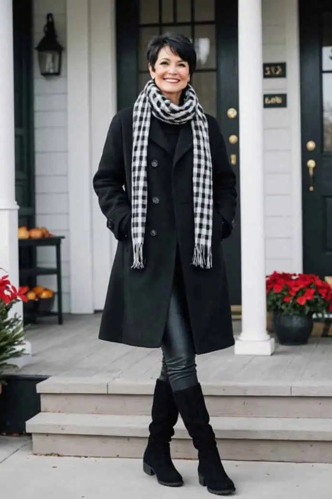 Black Coat with a Black-and-White Checked Scarf - winter coat outfit for women over 60