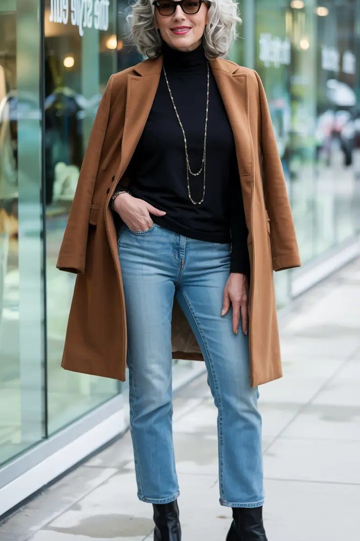 Camel Coat over a Black Turtleneck with Jeans - winter coat outfit for women over 60