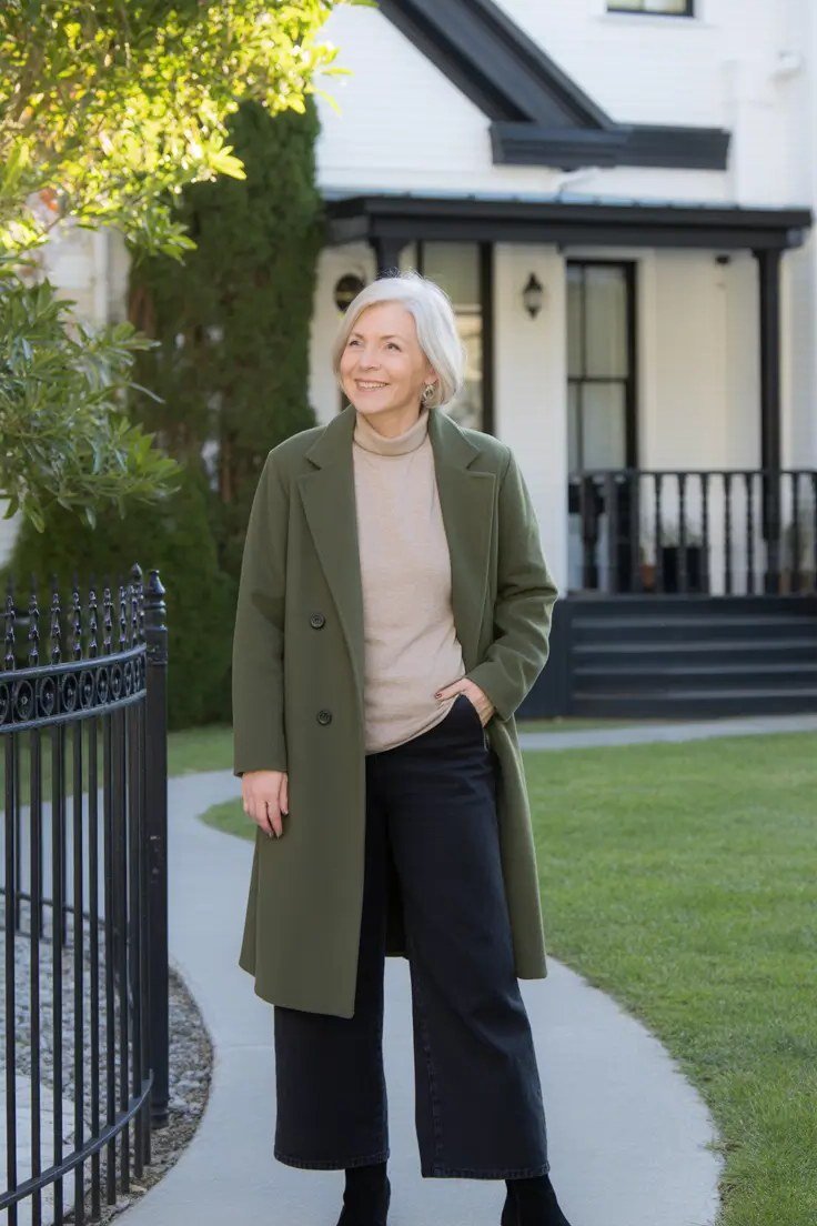 Olive Green Wool Coat with Dark Wide Pants - winter coat outfit for women over 60
