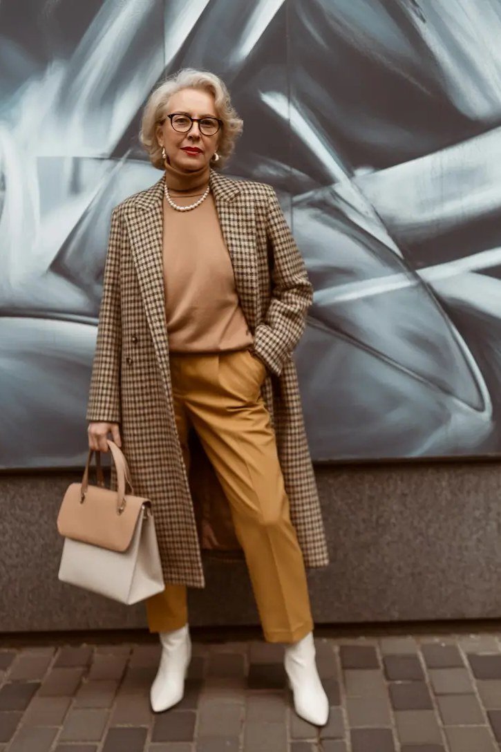 Houndstooth Wool Coat with Tan Wide-Leg Pants - winter coat outfit for women over 60
