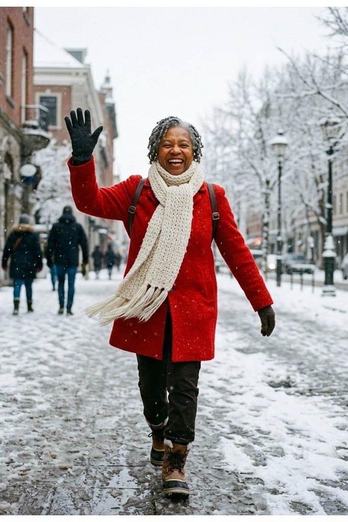 Red Wool Coat with a Cream Scarf in the Snow - winter coat outfit for women over 60