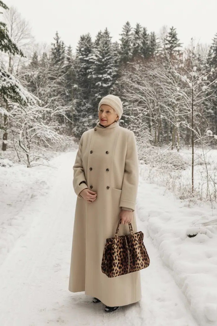 Long Beige Coat with a Leopard Bag in the Snow - winter coat outfit for women over 60