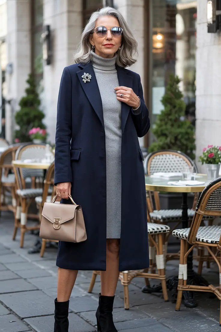 Navy Wool Coat over a Grey Knit - winter coat outfit for women over 60