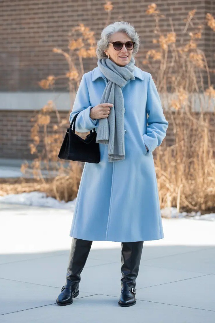 Light Blue Wool Coat with a Grey Scarf - winter coat outfit for women over 60