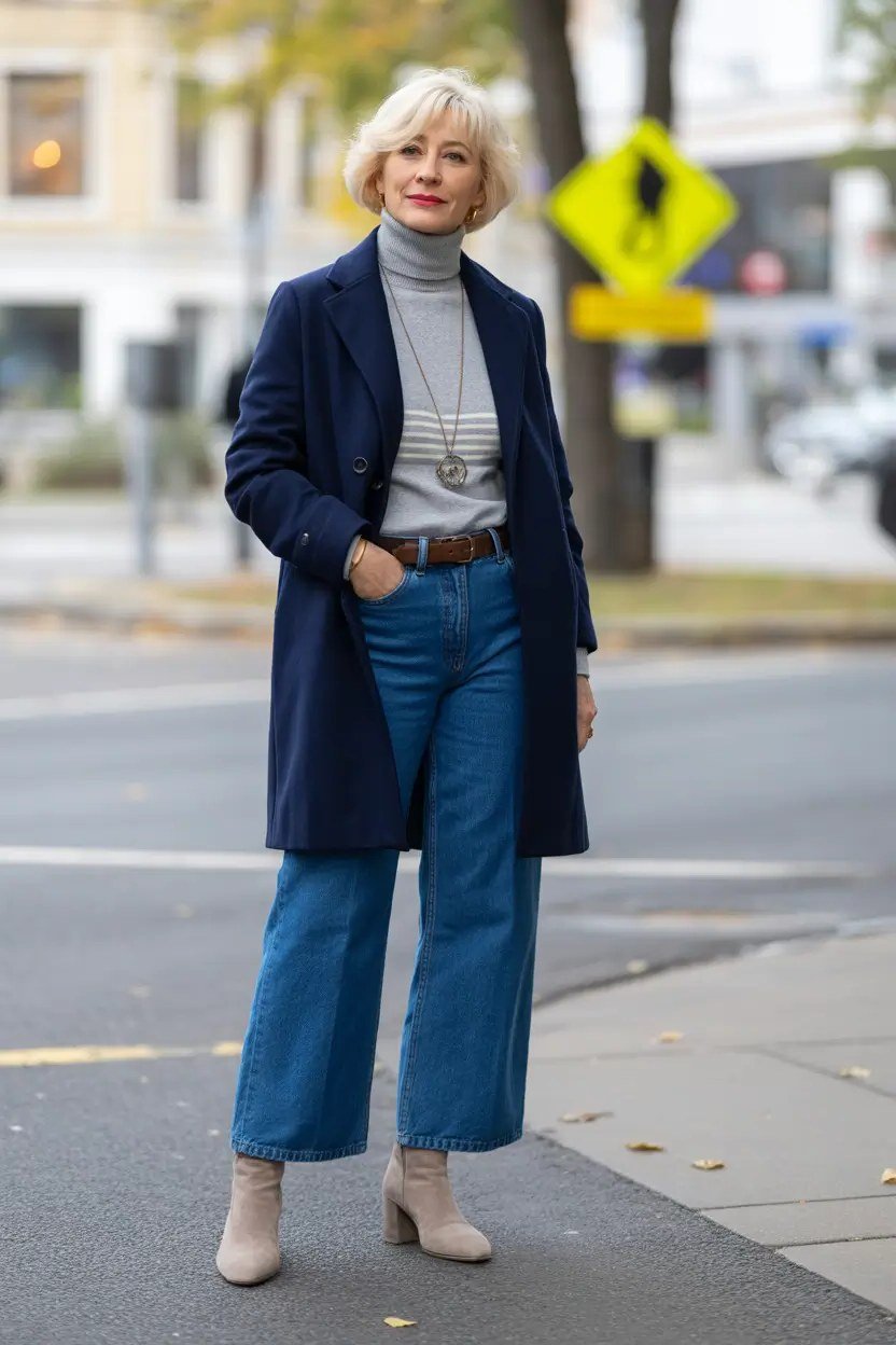 Navy Coat with Wide-Leg Jeans and Cream Boots - winter coat outfit for women over 60