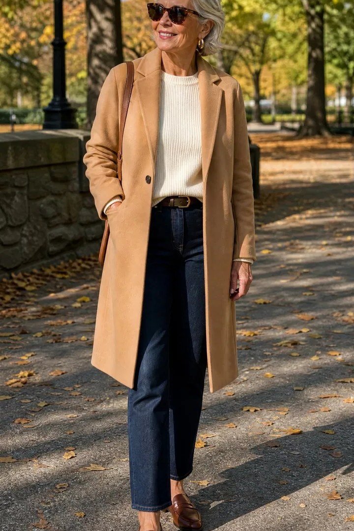 Camel Coat over a Cream Turtleneck with Jeans - winter coat outfit for women over 60