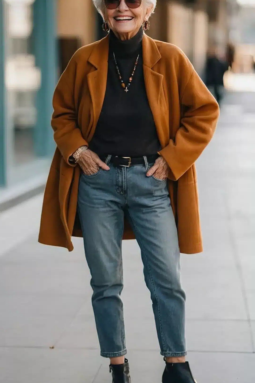 Rust Wool Coat over Black with Jeans - winter coat outfit for women over 60
