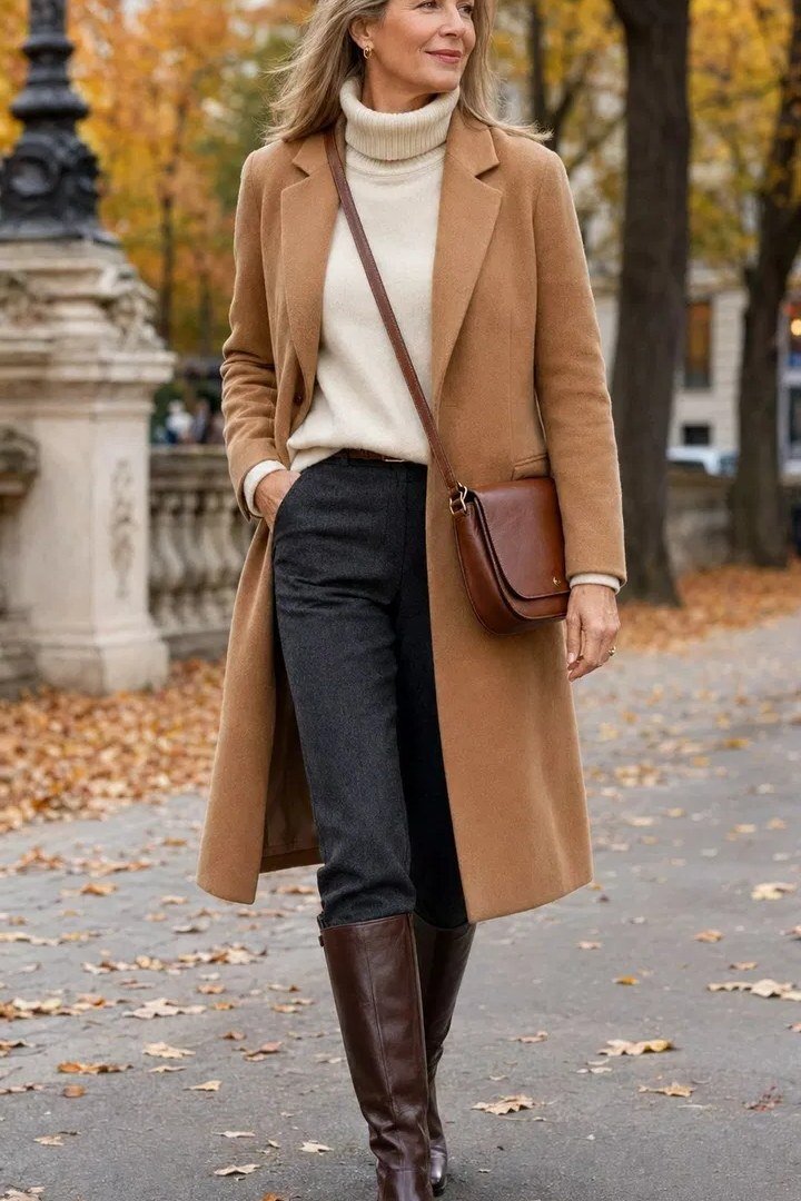 Camel Coat over Cream with Tall Brown Boots - winter coat outfit for women over 60