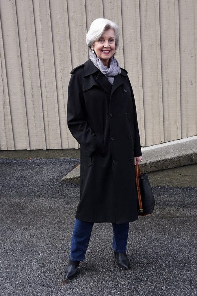 Black Long Coat with Blue Jeans - winter coat outfit for women over 60
