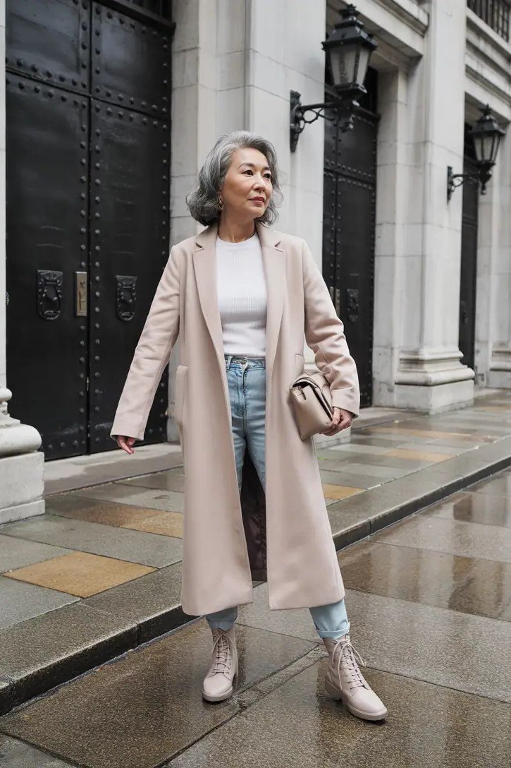 Blush Long Coat over White with Light Jeans - winter coat outfit for women over 60