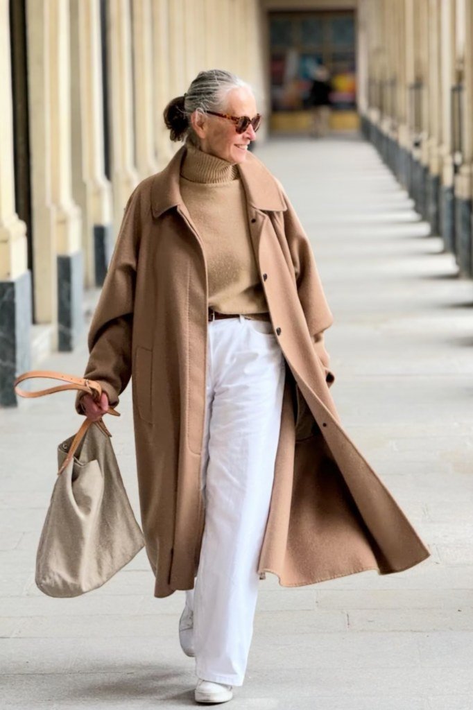 Camel Coat over Tan with White Pants - winter coat outfit for women over 60