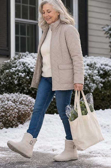 Cream Puffer Jacket with Blue Jeans - winter coat outfit for women over 60