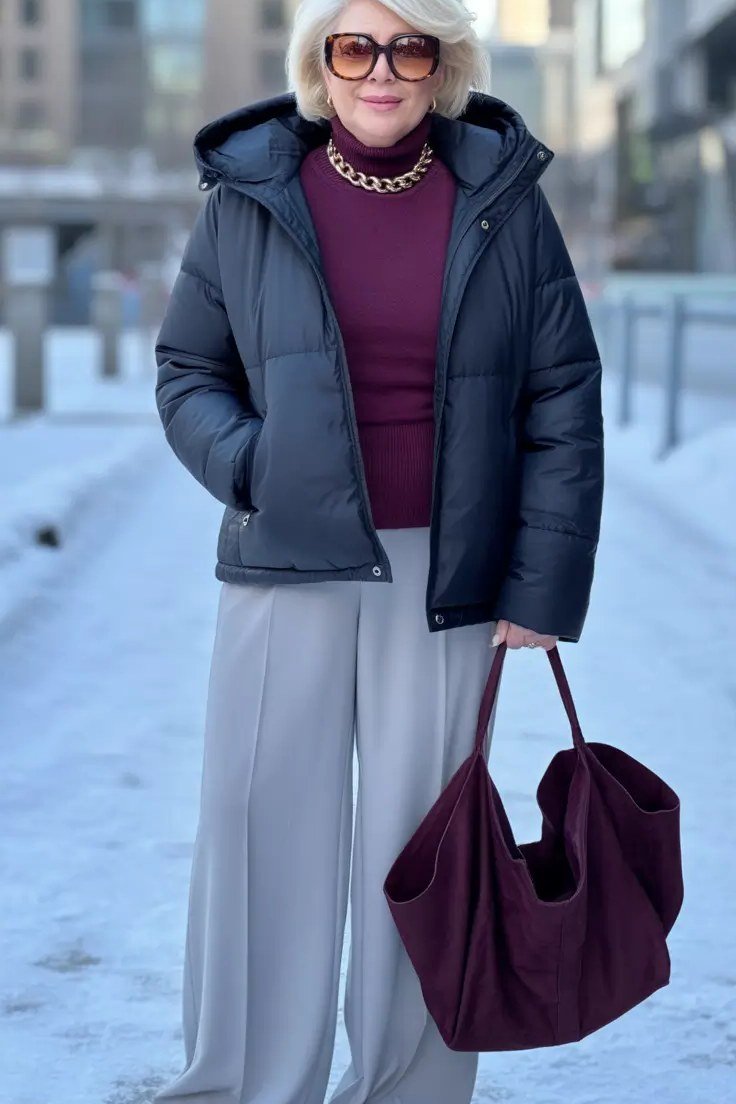 Navy Puffer Coat over Burgundy with Wide Grey Pants - winter coat outfit for women over 60