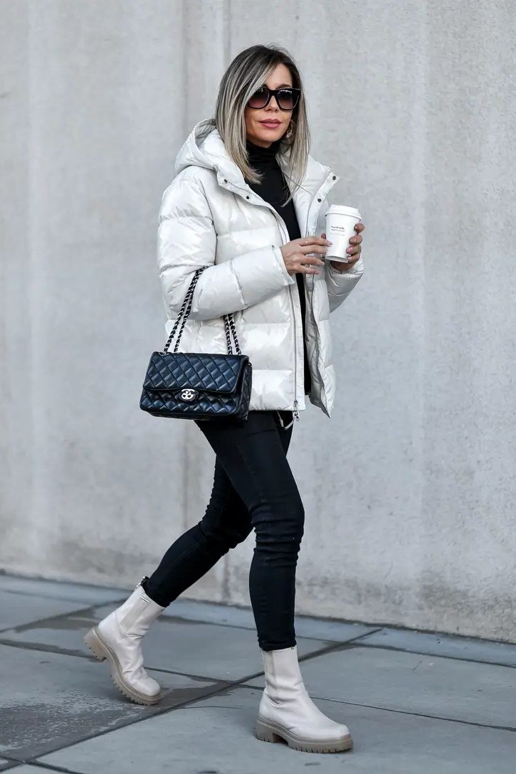 White Puffer Jacket with Black Leggings - winter coat outfit for women over 60