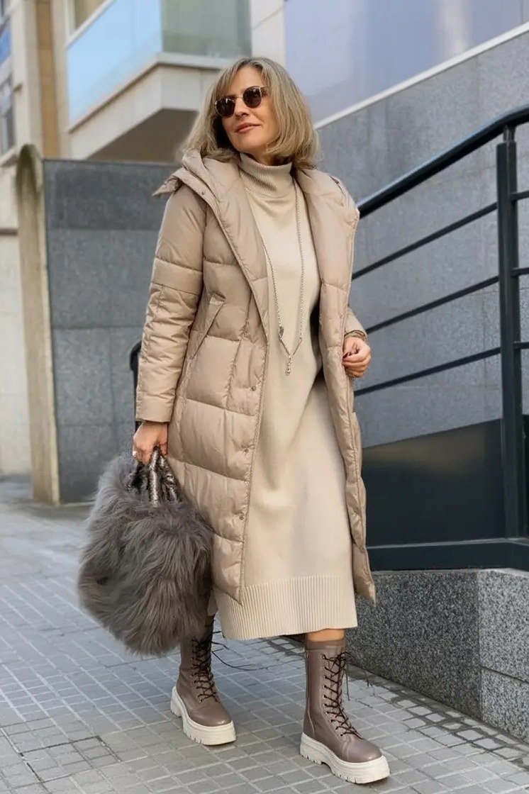 Beige Long Puffer Coat with a Fur Bag - winter coat outfit for women over 60
