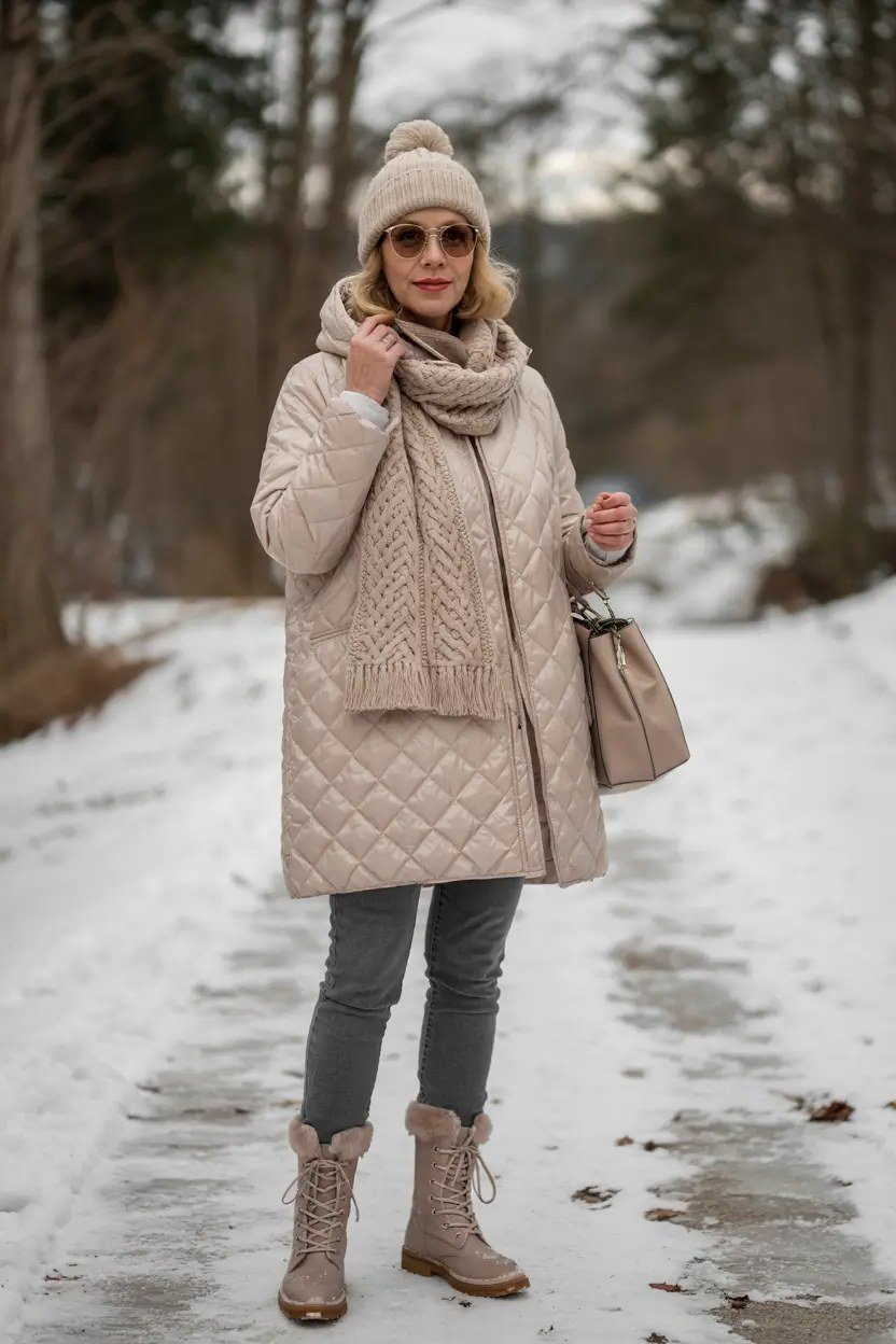 Tan Quilted Coat with a Scarf in the Snow - winter coat outfit for women over 60