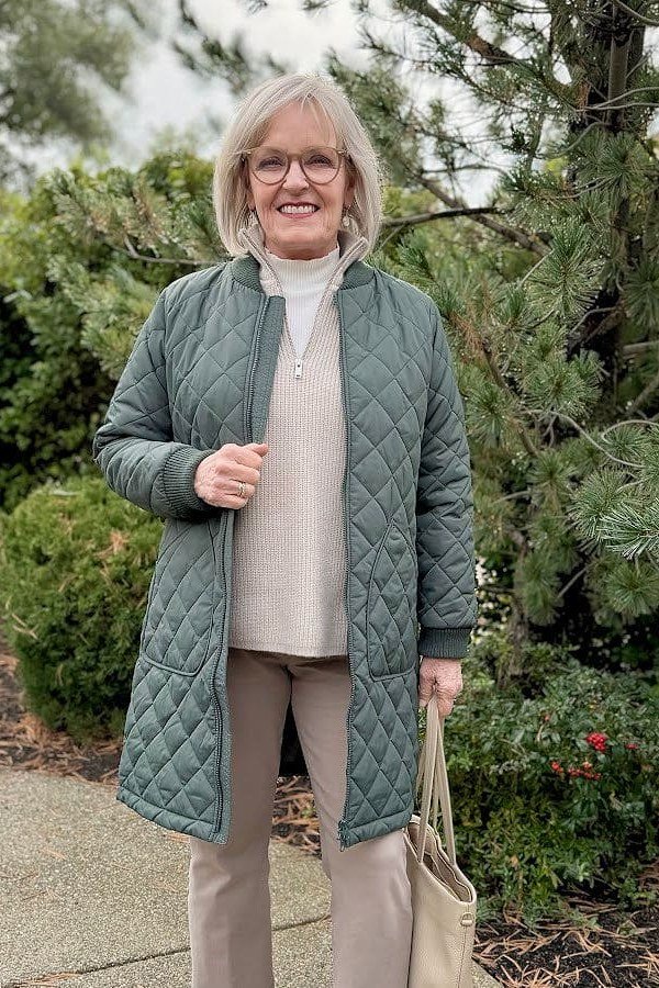 Sage Green Quilted Coat with a Beige Outfit - winter coat outfit for women over 60