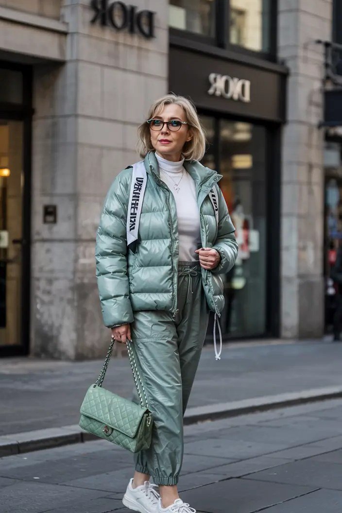 Sage Puffer Jacket with Matching Joggers - winter coat outfit for women over 60