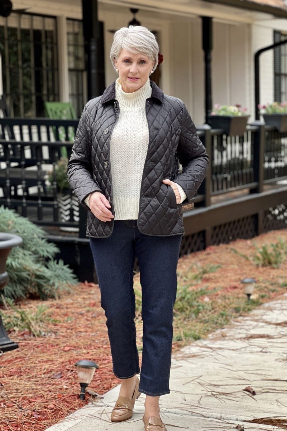 Black Quilted Jacket with Navy Pants - winter coat outfit for women over 60