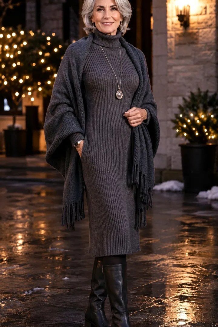 Grey Knit Poncho over a Dark Dress - winter coat outfit for women over 60