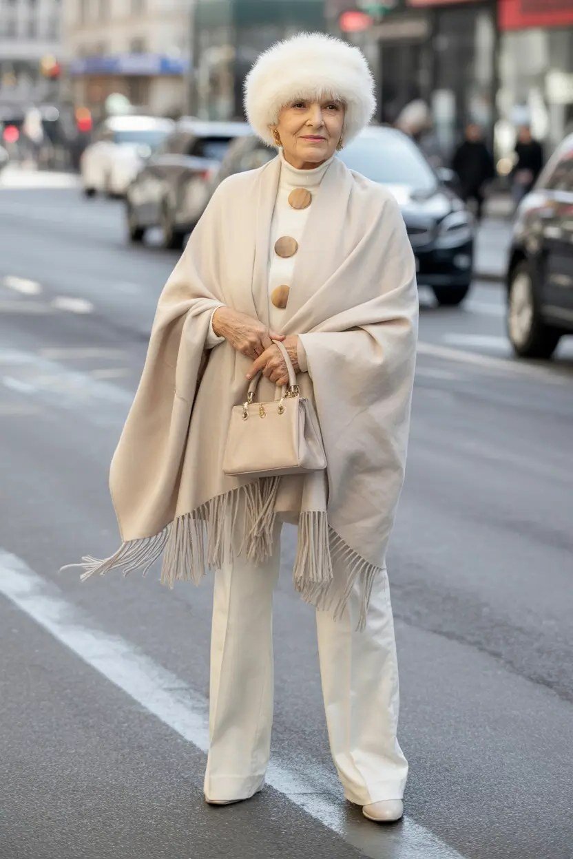 Cream Fringed Cape with a White Fur Hat - winter coat outfit for women over 60