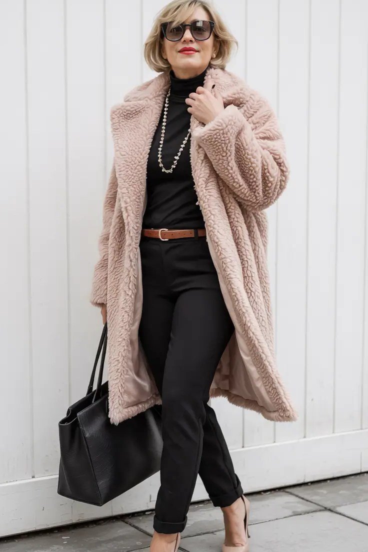 Blush Pink Teddy Coat over Black - winter coat outfit for women over 60
