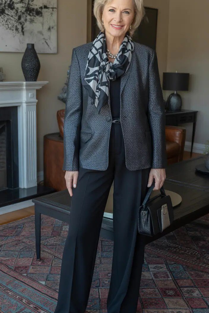 Grey Blazer over Black Wide-Leg Pants - winter coat outfit for women over 60