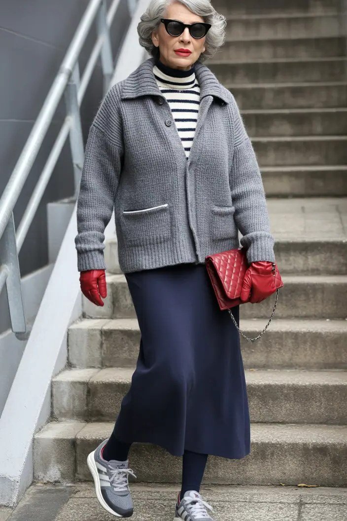 Short Grey Jacket over a Navy Maxi Skirt - winter coat outfit for women over 60