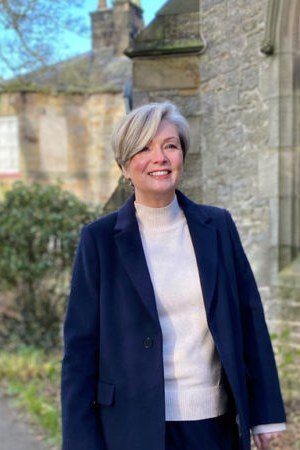 Navy Blazer over White with Grey Wide Pants - winter coat outfit for women over 60