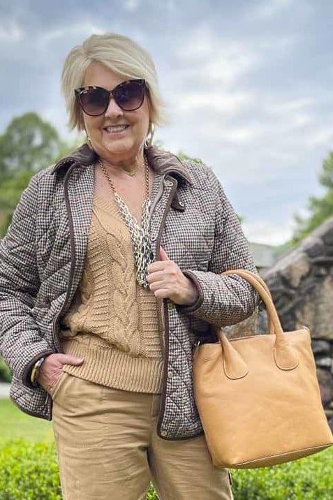 Grey Quilted Tweed Jacket with a Tan Bag - winter coat outfit for women over 60
