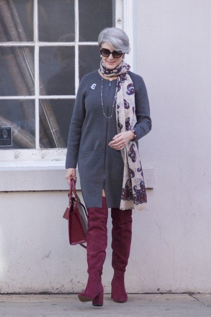 Burgundy Boots With a Charcoal Tunic - winter outfit for women over 70 (charcoal gray tunic dress)